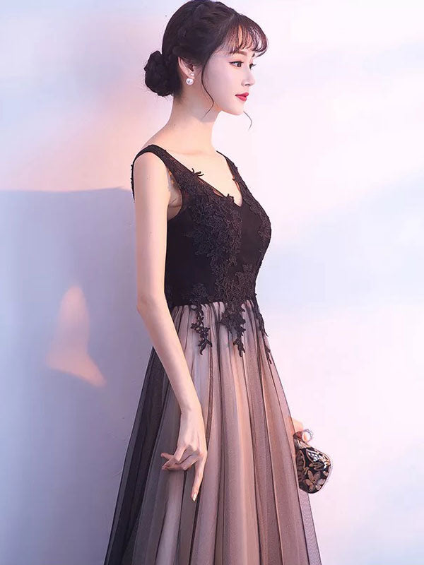 Black Evening Dresses Long V Neck Lace Tulle Sleeveless A Lien Floor Length Formal Evening Dress