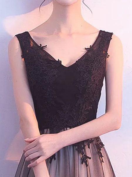 Black Evening Dresses Long V Neck Lace Tulle Sleeveless A Lien Floor Length Formal Evening Dress