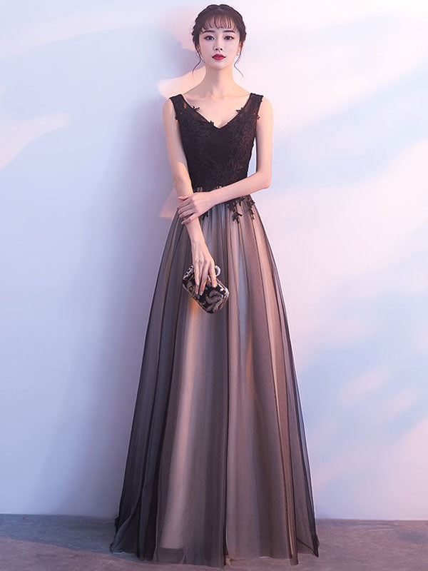 Black Evening Dresses Long V Neck Lace Tulle Sleeveless A Lien Floor Length Formal Evening Dress