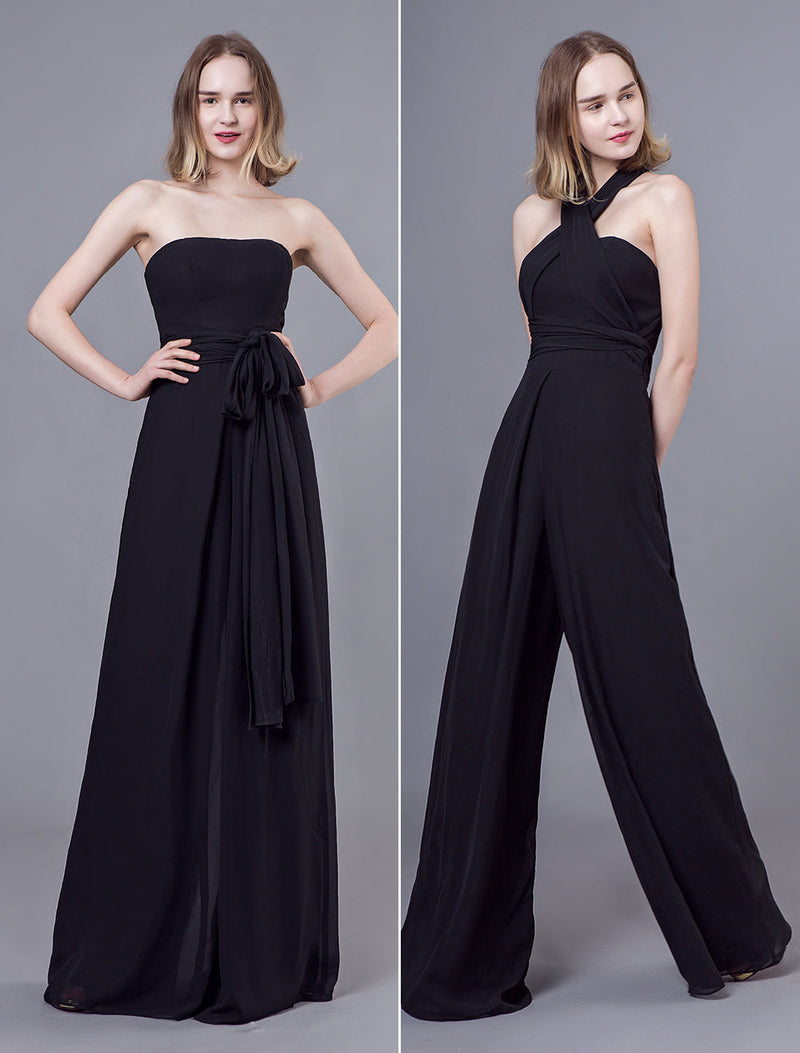 Black Jumpsuits Formal Evening Wedding Party Convertible Chiffon Long One Size Fits All Bridesmaid Dresses