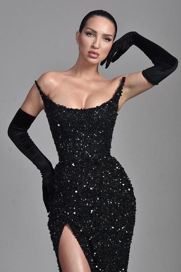 Stunning Black Straples Prom Dress Mermaid Long With Sequins Beads-stylesnuggle