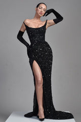 Stunning Black Straples Prom Dress Mermaid Long With Sequins Beads-stylesnuggle