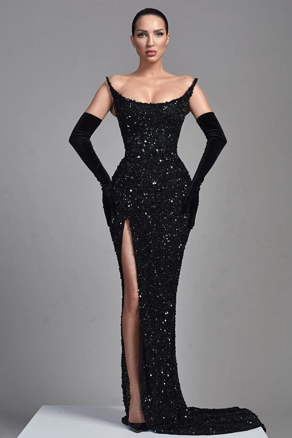 Stunning Black Straples Prom Dress Mermaid Long With Sequins Beads-stylesnuggle