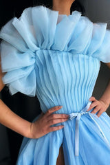 Stunning Blue A-line Side-cut Tulle Floor-length Prom Dress-stylesnuggle