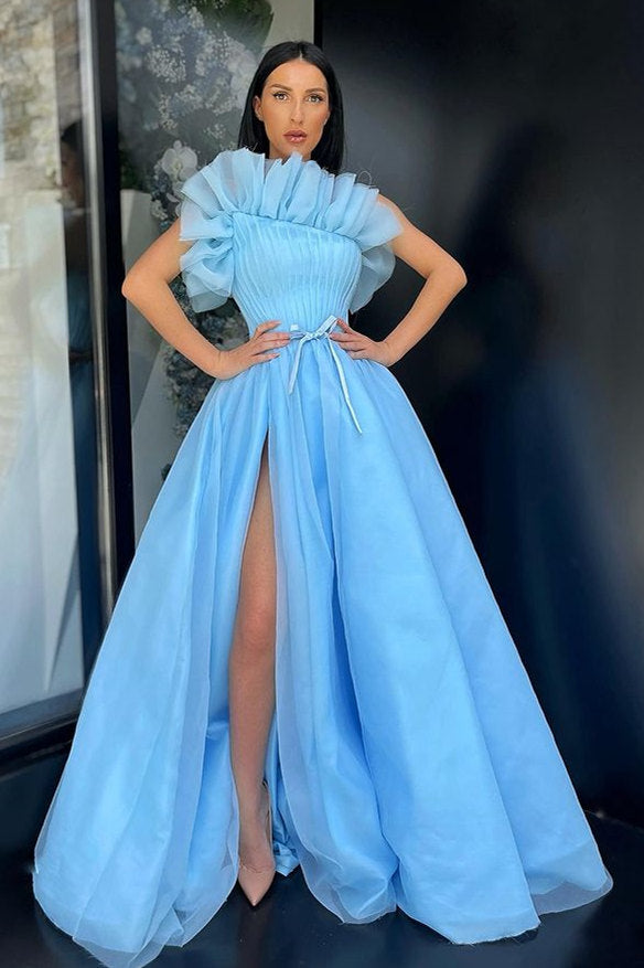 Stunning Blue A-line Side-cut Tulle Floor-length Prom Dress-stylesnuggle