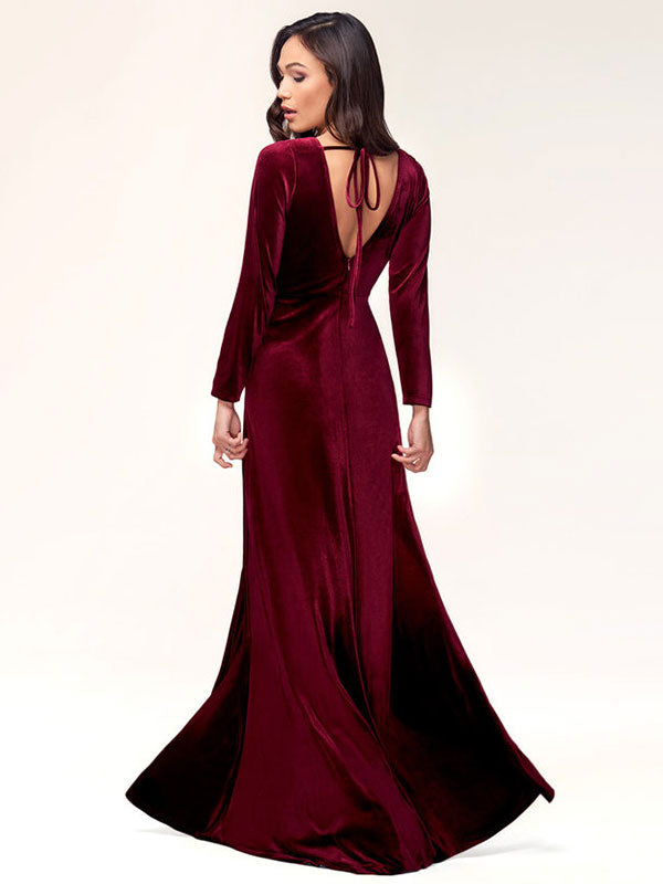 Burgundy Evening Dress Sheath Long Sleeve V-Neck Velour Social Party Dresses