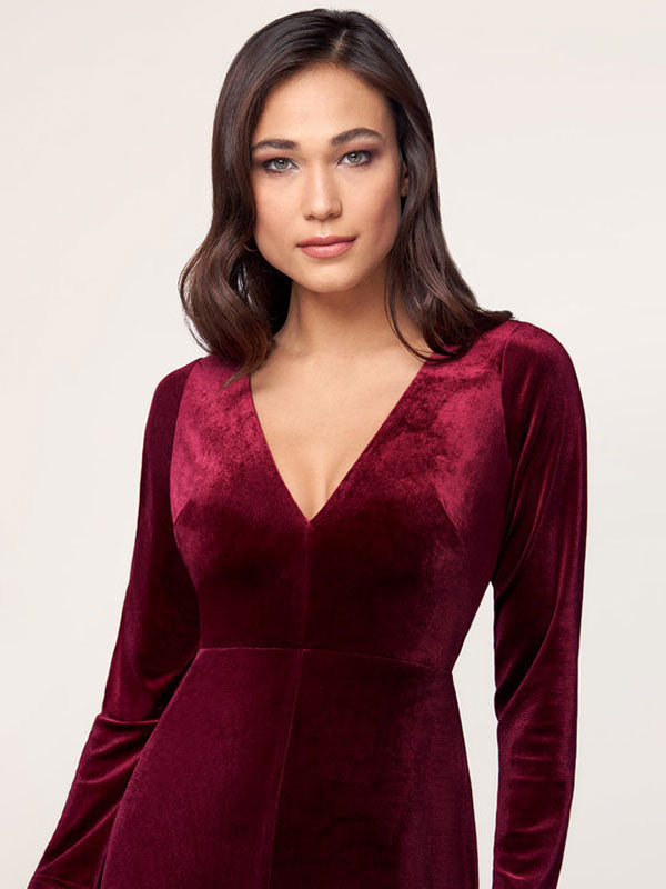 Burgundy Evening Dress Sheath Long Sleeve V-Neck Velour Social Party Dresses