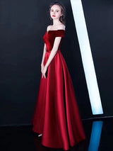 Burgundy Evening Dresses Off The Shoulder Velvet Satin Formal Dress Notched Neck Floor Length Evening Gowns