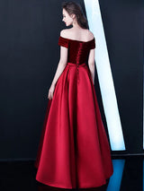 Burgundy Evening Dresses Off The Shoulder Velvet Satin Formal Dress Notched Neck Floor Length Evening Gowns