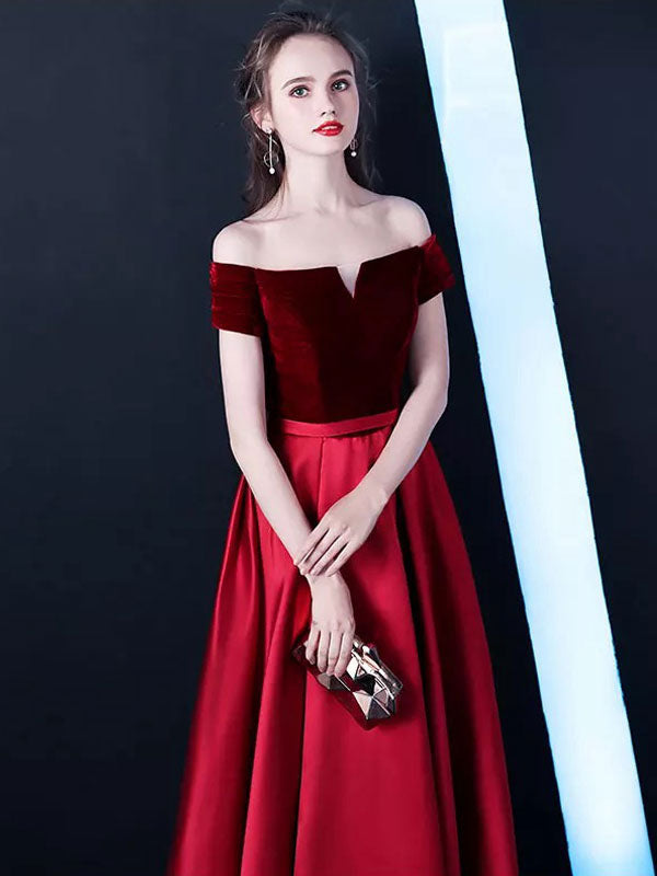 Burgundy Evening Dresses Off The Shoulder Velvet Satin Formal Dress Notched Neck Floor Length Evening Gowns