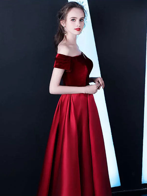 Burgundy Evening Dresses Off The Shoulder Velvet Satin Formal Dress Notched Neck Floor Length Evening Gowns