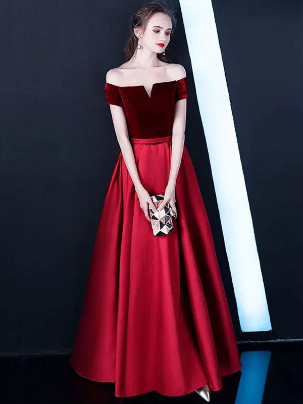 Burgundy Evening Dresses Off The Shoulder Velvet Satin Formal Dress Notched Neck Floor Length Evening Gowns