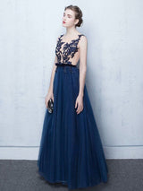 Dark Navy Evening Dresses Long Tulle Evening Dress Lace Illusion Floor Length Formal Dress