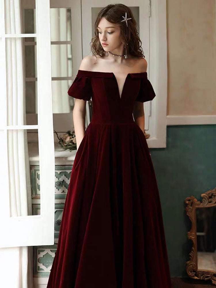 Evening Dress A Line Off The Shoulder Short Sleeves Floor Length Laceup Pockets Velour Formal Dinner Dresses