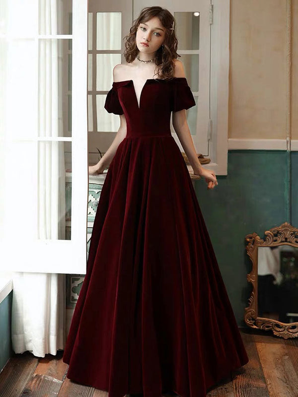 Evening Dress A Line Off The Shoulder Short Sleeves Floor Length Laceup Pockets Velour Formal Dinner Dresses