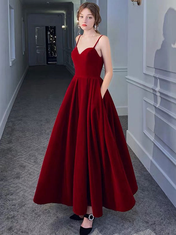 Evening Dress A Line Sweetheart Neck Velour Floor Length Pockets Formal Party Dresses