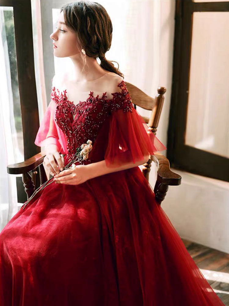 evening dress Illusion Neckline A Line Half Sleeves Lace Floor Length Tulle Party Dresses