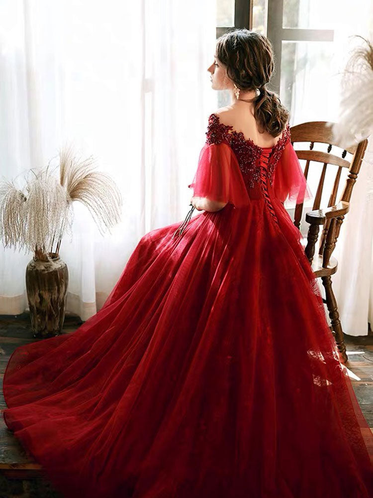 evening dress Illusion Neckline A Line Half Sleeves Lace Floor Length Tulle Party Dresses