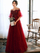 evening dress Illusion Neckline A Line Half Sleeves Lace Floor Length Tulle Party Dresses