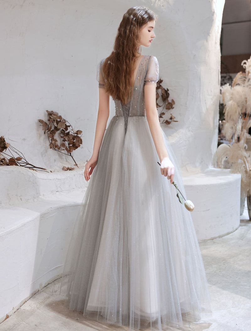 Evening Dress Light Grey A Line Bateau Neck Floor Length Social Party Dresses Pageant Dress