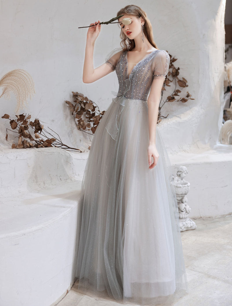 Evening Dress Light Grey A Line Bateau Neck Floor Length Social Party Dresses Pageant Dress