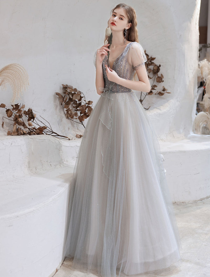 Evening Dress Light Grey A Line Bateau Neck Floor Length Social Party Dresses Pageant Dress