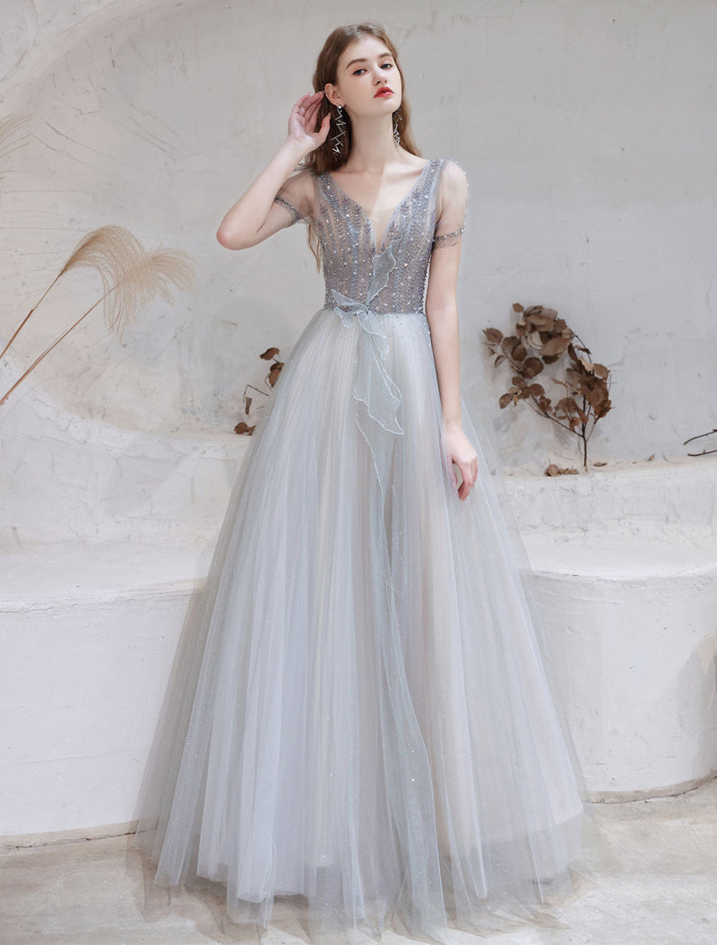 Evening Dress Light Grey A Line Bateau Neck Floor Length Social Party Dresses Pageant Dress