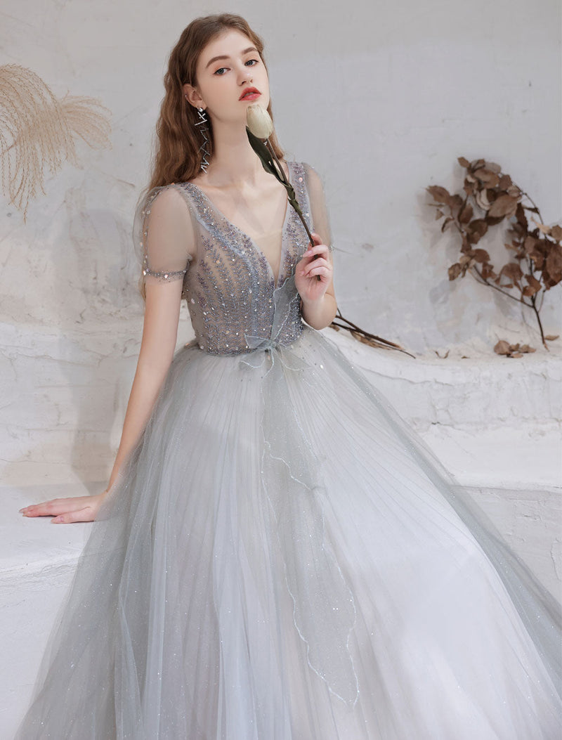 Evening Dress Light Grey A Line Bateau Neck Floor Length Social Party Dresses Pageant Dress