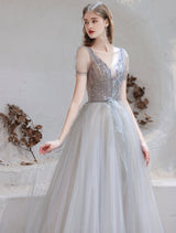 Evening Dress Light Grey A Line Bateau Neck Floor Length Social Party Dresses Pageant Dress