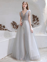 Evening Dress Light Grey A Line Bateau Neck Floor Length Social Party Dresses Pageant Dress