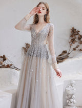 Evening Dress Light Grey A Line Jewel Neck With Train Long Sleeves Zipper Formal Dinner Pageant Dress