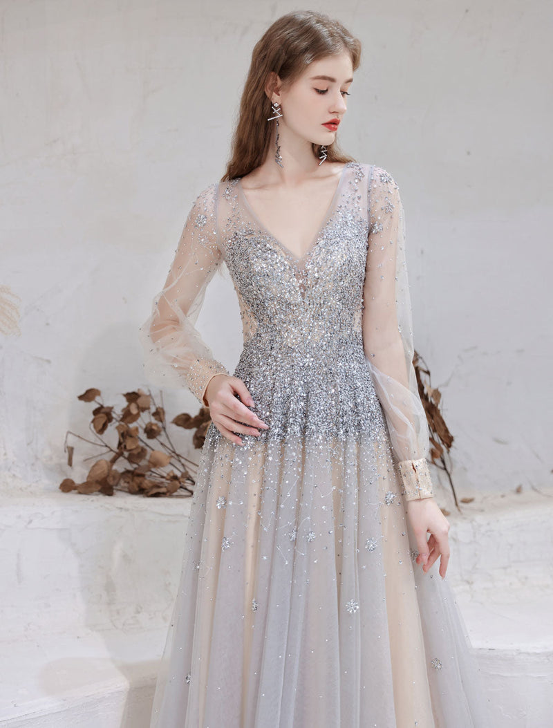 Evening Dress Light Grey A Line Jewel Neck With Train Long Sleeves Zipper Formal Dinner Pageant Dress