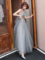 evening dress V Neck A Line Sleeveless Floor Length Wedding Guest Dresses