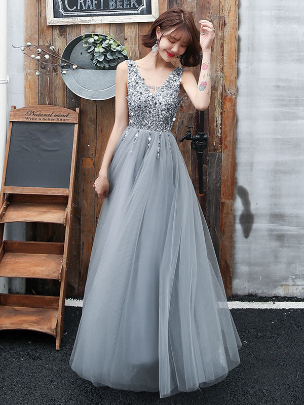 evening dress V Neck A Line Sleeveless Floor Length Wedding Guest Dresses