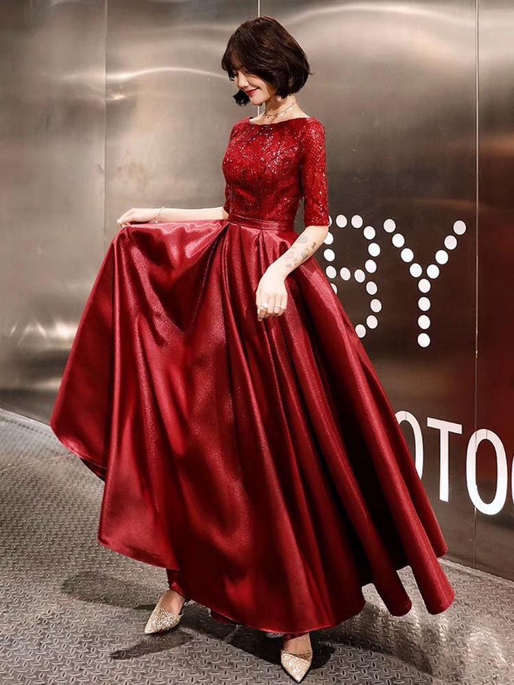 Evening Dresses Burgundy Half Sleeve Sequin Satin Floor Length Long Prom Gown