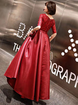 Evening Dresses Burgundy Half Sleeve Sequin Satin Floor Length Long Prom Gown