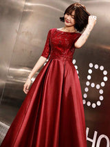 Evening Dresses Burgundy Half Sleeve Sequin Satin Floor Length Long Prom Gown