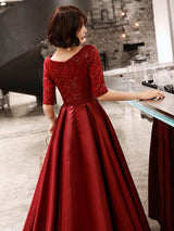 Evening Dresses Burgundy Half Sleeve Sequin Satin Floor Length Long Prom Gown