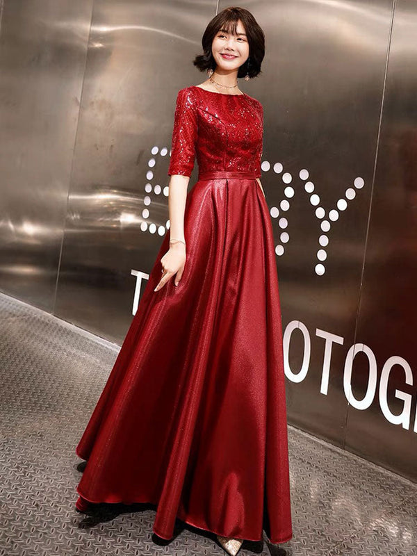 Stunning Evening Dresses Burgundy Half Sleeve Sequin Satin Floor Length Long Prom Gown-stylesnuggle