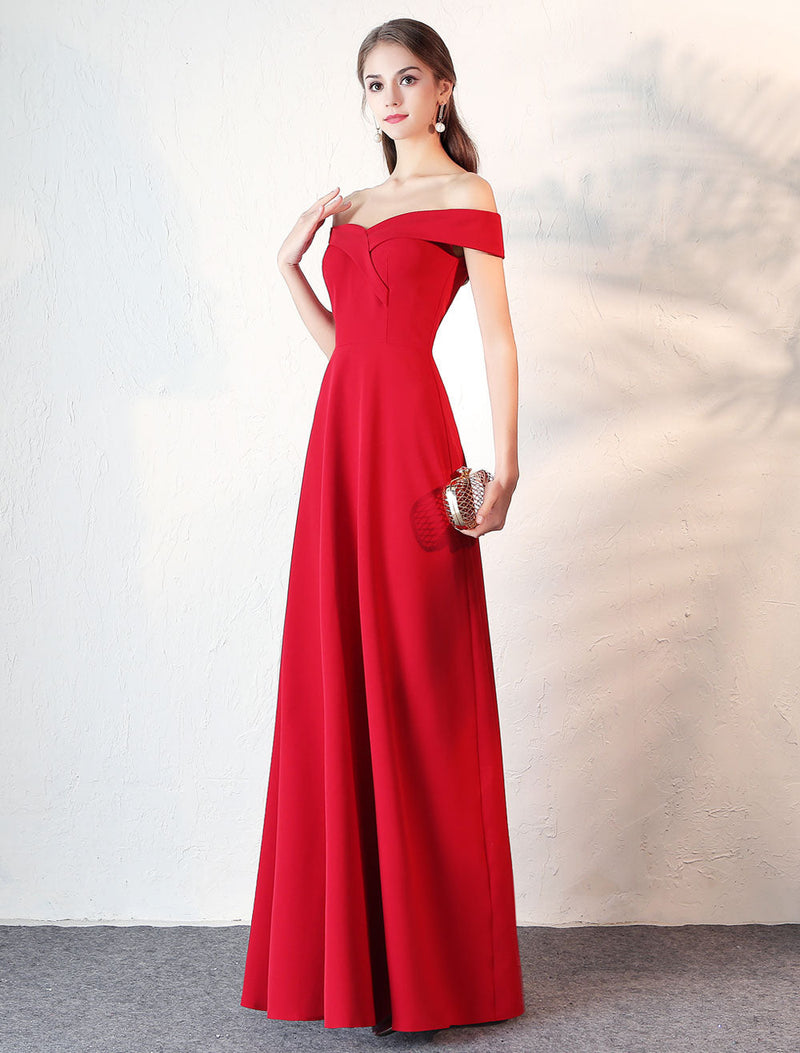 Evening Dresses Burgundy Off The Shoulder evening dress Satin Floor Length Formal Party Dress wedding guest dress