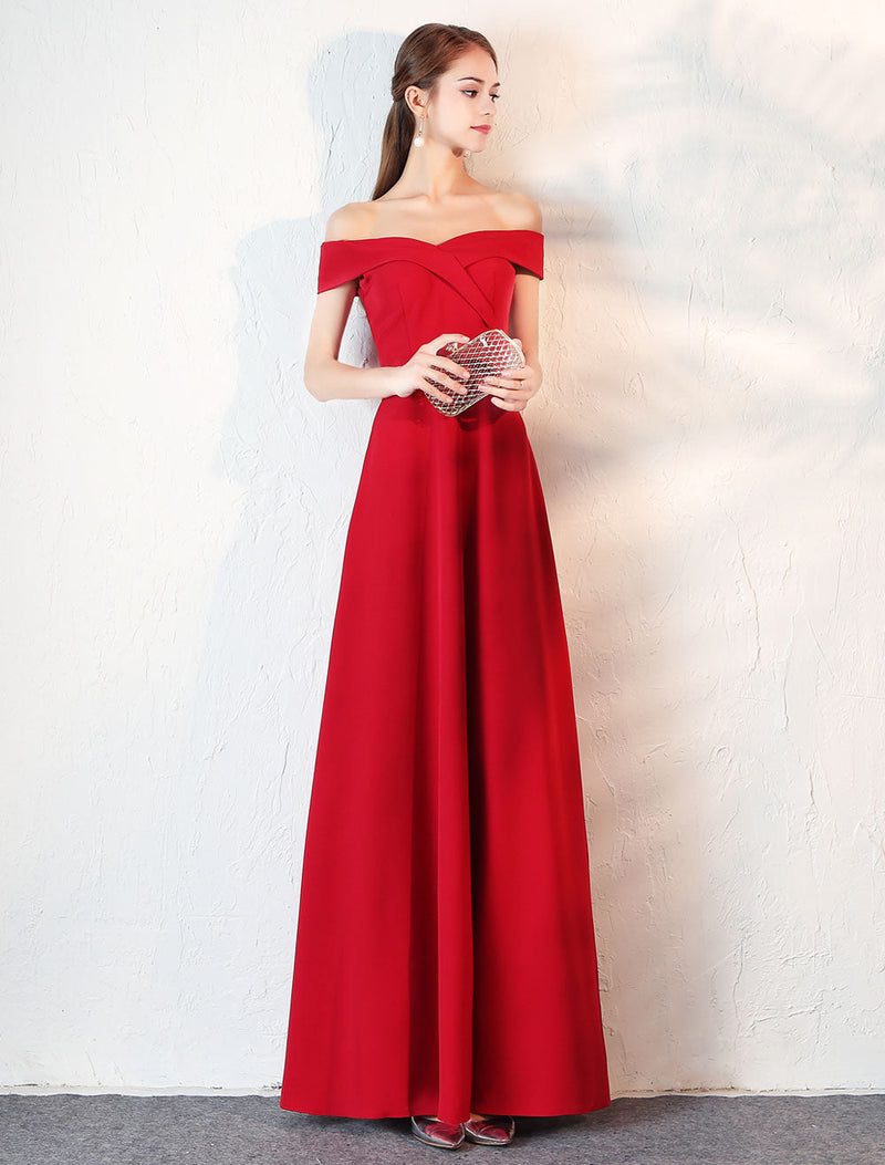 Evening Dresses Burgundy Off The Shoulder evening dress Satin Floor Length Formal Party Dress wedding guest dress