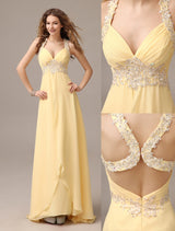 Evening Dresses Long Chiffon Daffodil Applique Beaded Evening Gown Back Design Sleeveless Formal Party Dresses With Train