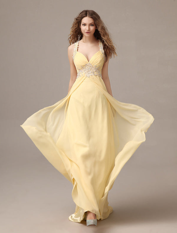 Evening Dresses Long Chiffon Daffodil Applique Beaded Evening Gown Back Design Sleeveless Formal Party Dresses With Train