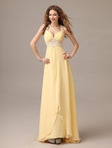 Evening Dresses Long Chiffon Daffodil Applique Beaded Evening Gown Back Design Sleeveless Formal Party Dresses With Train