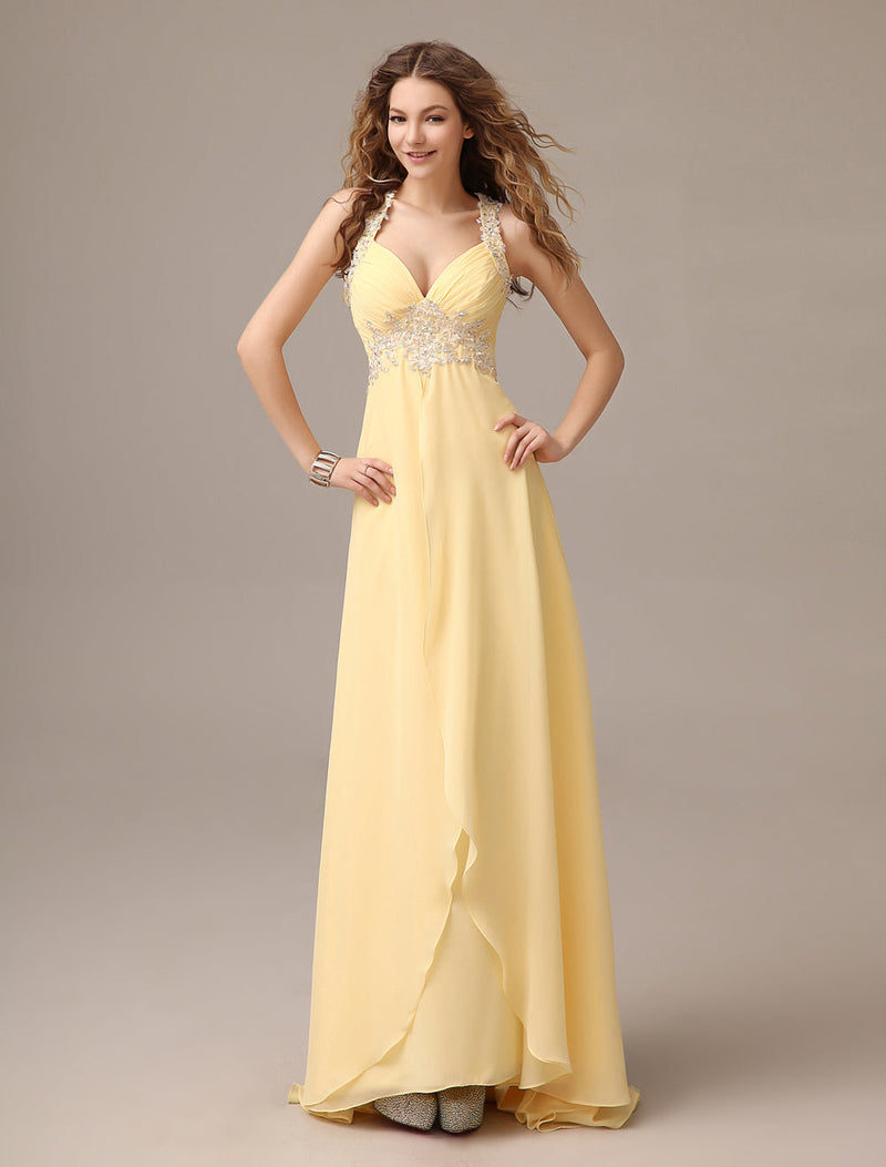 Evening Dresses Long Chiffon Daffodil Applique Beaded Evening Gown Back Design Sleeveless Formal Party Dresses With Train