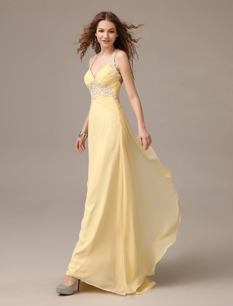 Evening Dresses Long Chiffon Daffodil Applique Beaded Evening Gown Back Design Sleeveless Formal Party Dresses With Train