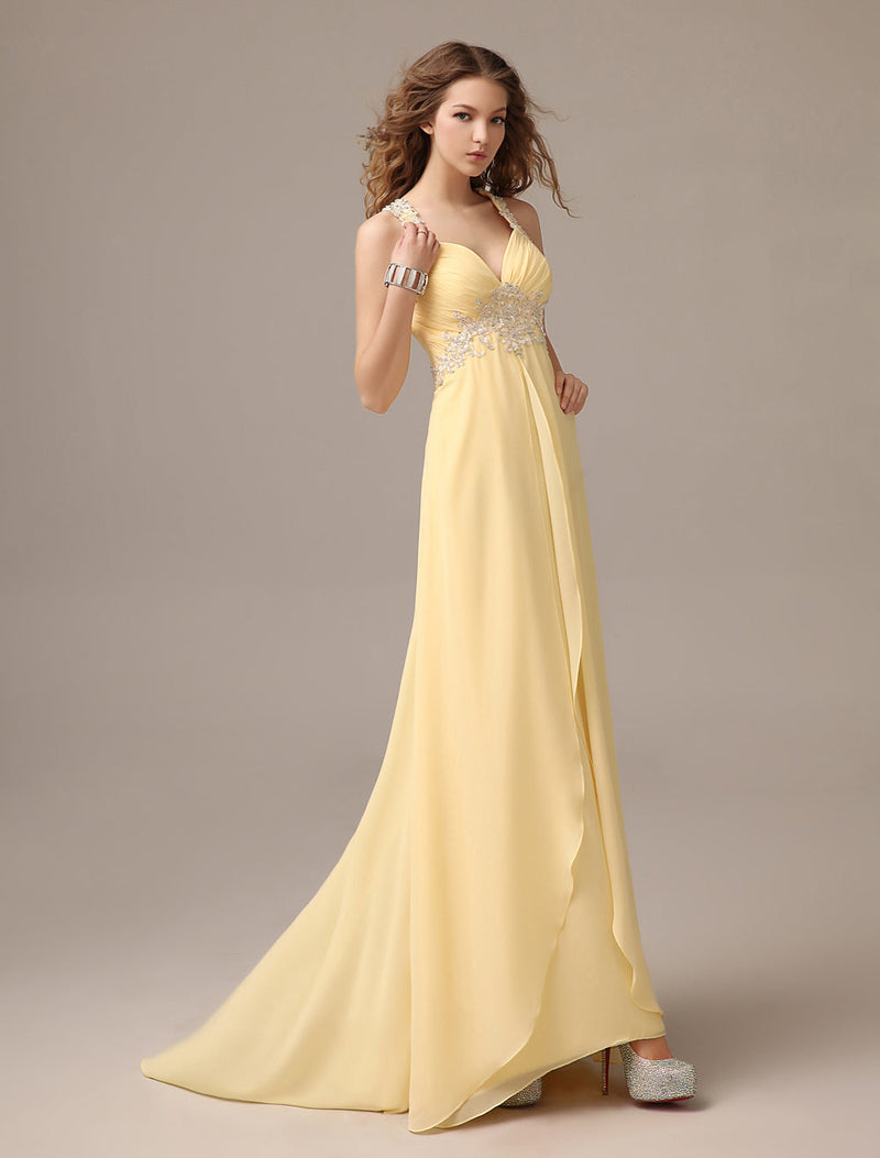 Evening Dresses Long Chiffon Daffodil Applique Beaded Evening Gown Back Design Sleeveless Formal Party Dresses With Train