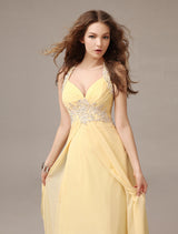 Evening Dresses Long Chiffon Daffodil Applique Beaded Evening Gown Back Design Sleeveless Formal Party Dresses With Train