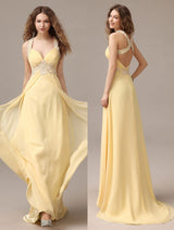 Evening Dresses Long Chiffon Daffodil Applique Beaded Evening Gown Back Design Sleeveless Formal Party Dresses With Train