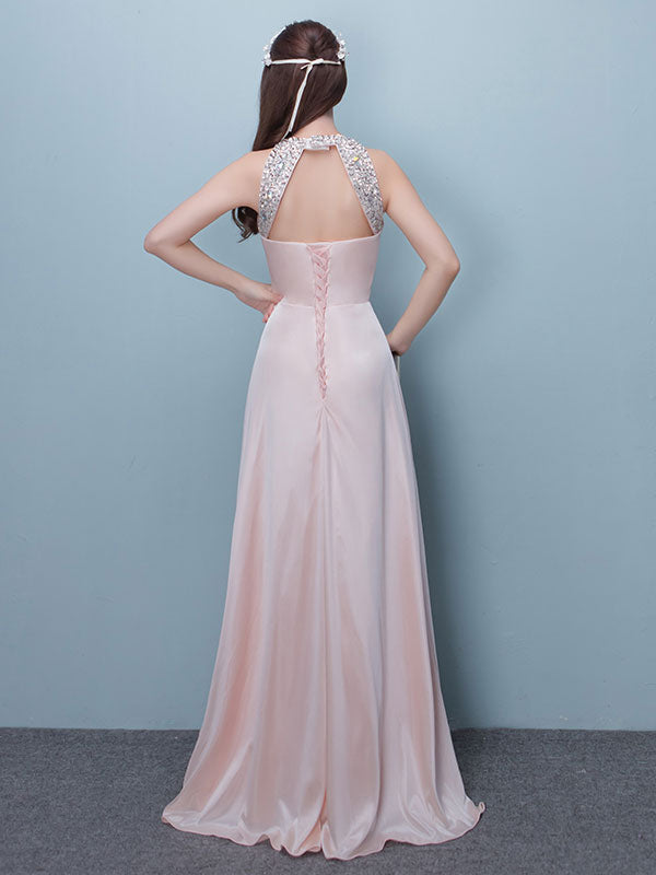 Evening Dresses Long Soft Pink Satin Evening Dress Halter Beading Pleated Floor Length Formal Party Dress